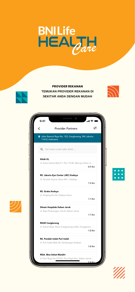 BNI Life Health Care 앱의 스크린샷으로 주소 및 거리 포함 파트너 의료 제공업체 및 병원 목록 표시