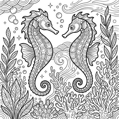 Discover two elegant seahorses amid a beautiful underwater spring landscape, perfect for coloring. This detailed page, designed for teens, offers an engaging and intricate artistic challenge.