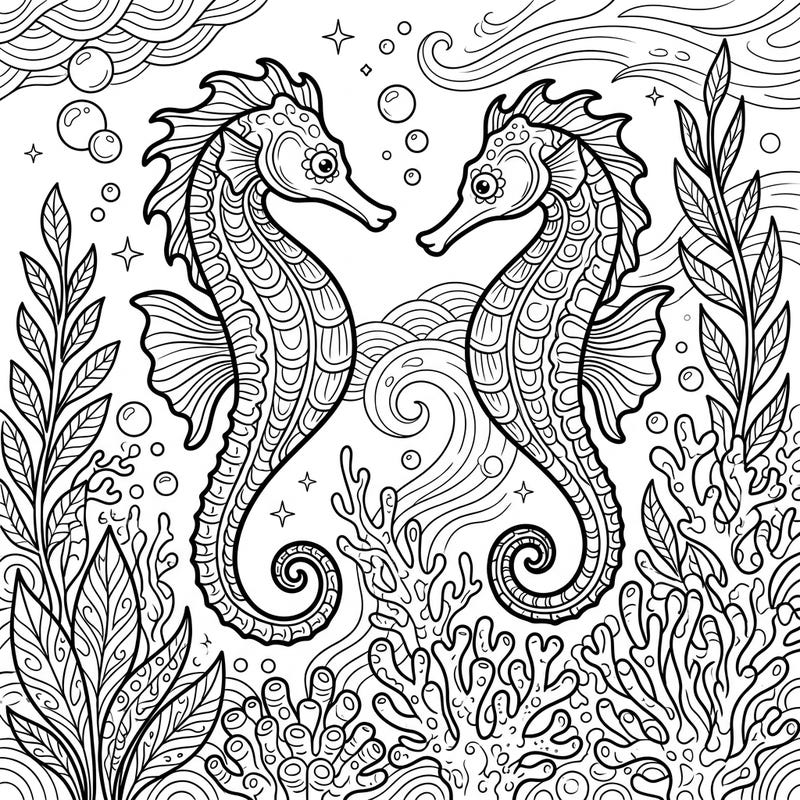 Discover two elegant seahorses amid a beautiful underwater spring landscape, perfect for coloring. This detailed page, designed for teens, offers an engaging and intricate artistic challenge.