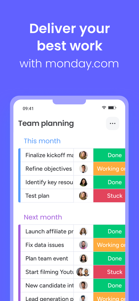 monday.com - Work Platform - monday.com mobile app interface showing team planning tasks and status updates