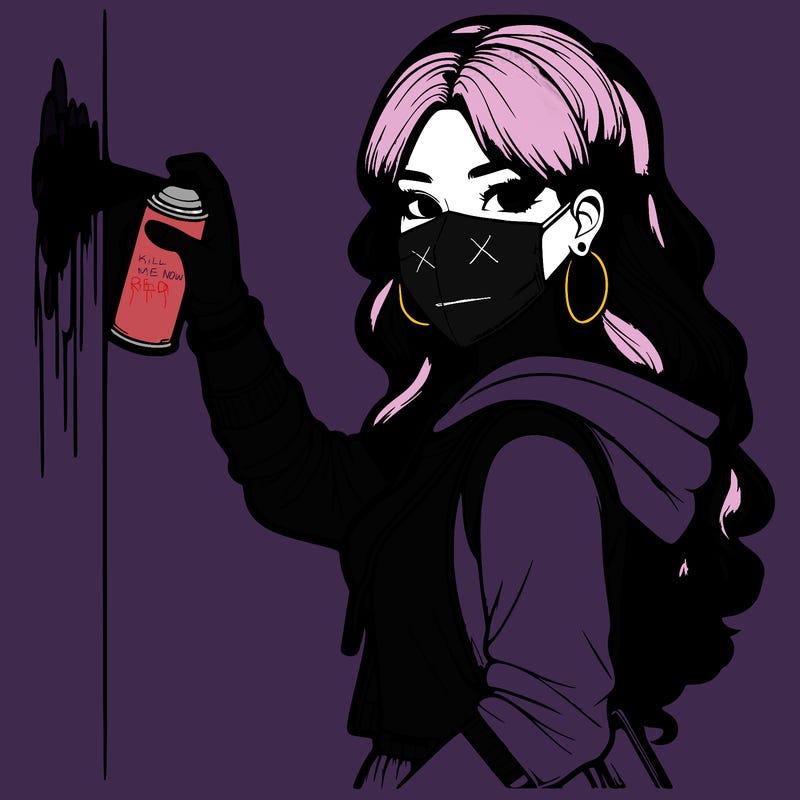 realistic girl with mask spray painting a wall