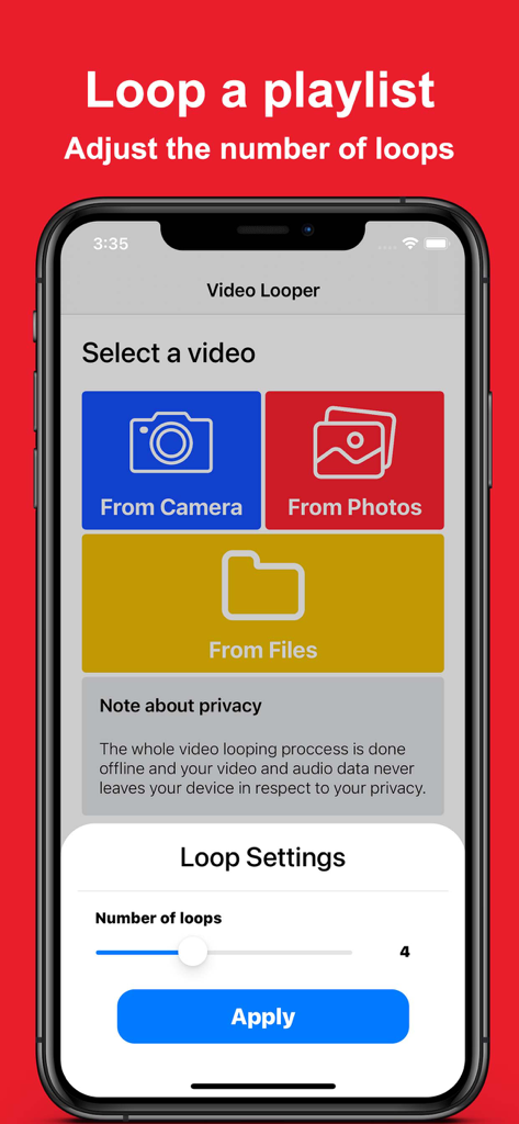 Video Looper - Replay Videos - ビデオソース選択と調整可能なループ回数設定が表示されているVideo Looperアプリのインターフェース。