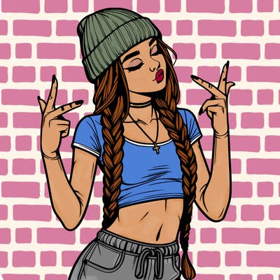 realistic teenage girl with braids and a beanie and crop top doing 🫶🏼