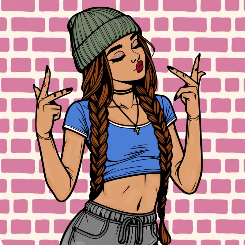 realistic teenage girl with braids and a beanie and crop top doing 🫶🏼