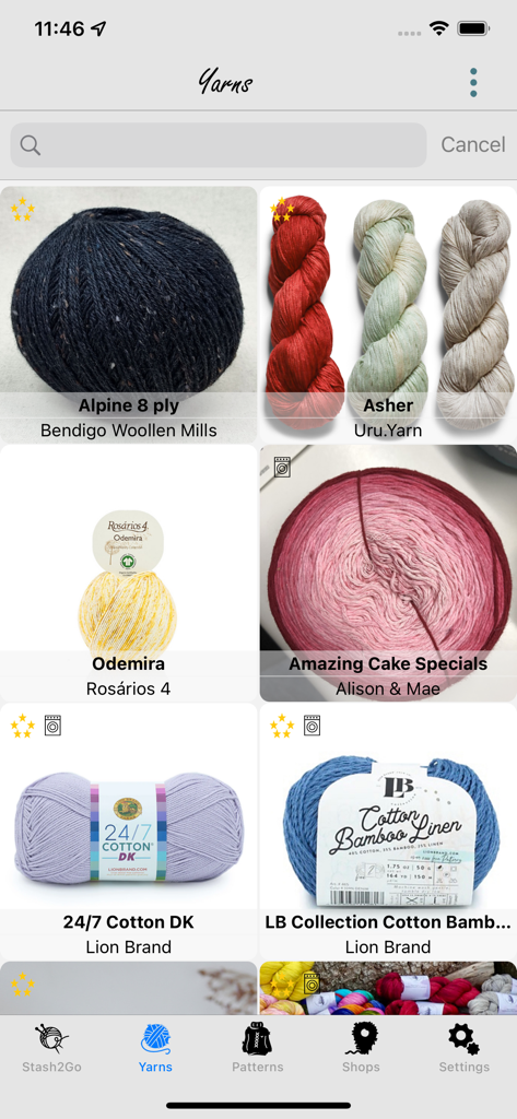 Stash2Go - Uma grade de vários fios de tricô exibidos no aplicativo móvel Stash2Go