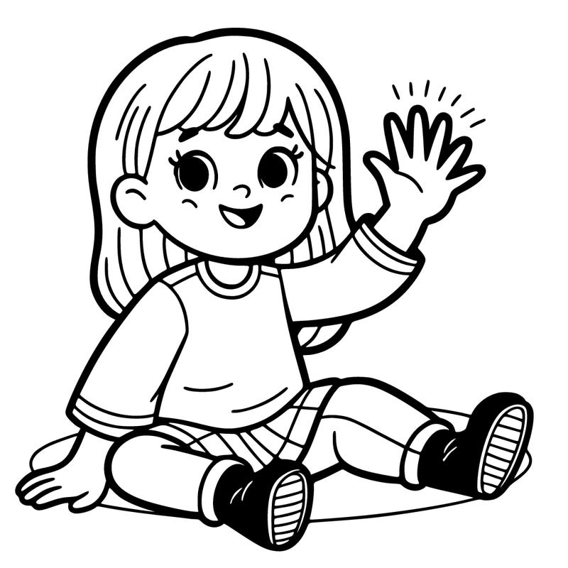 girl sitting down and waving