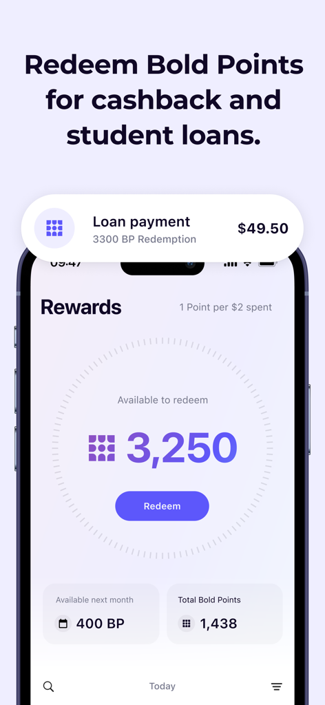 Bold.org app interface showing points available for redemption toward student loan payments