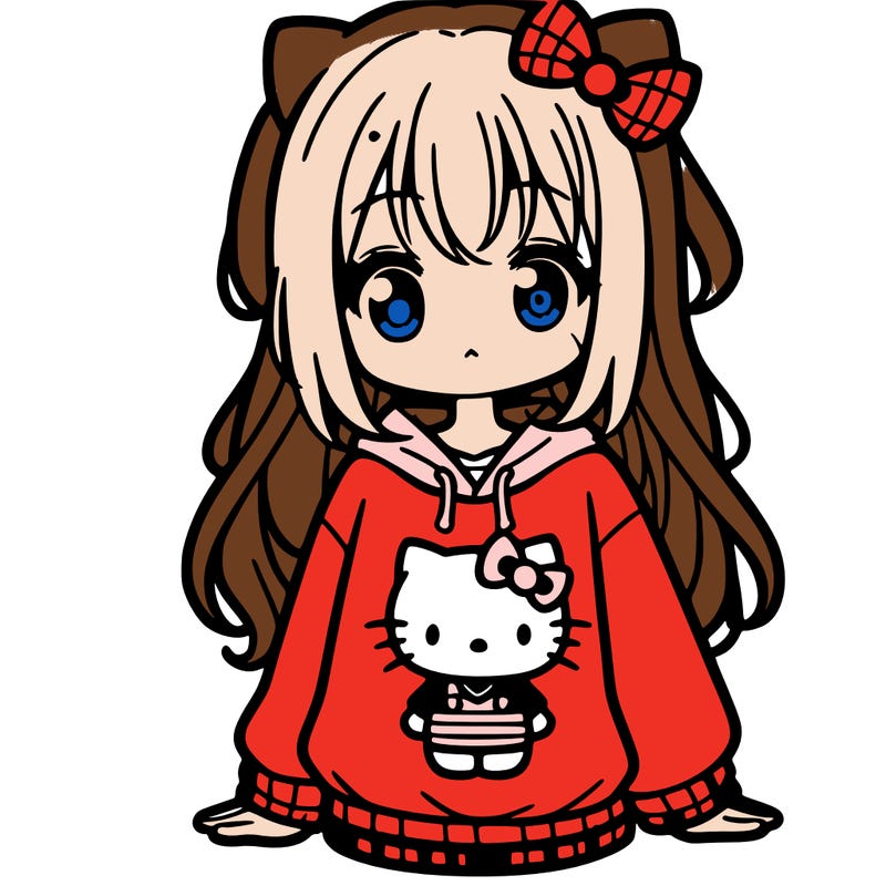 cute anime girl wearing a kuromi from hello kitty sweatshirt