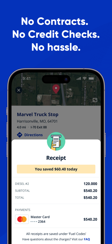 Mudflap - Mudflap app digital fuel receipt showing sixty dollars in savings and no credit check promotion