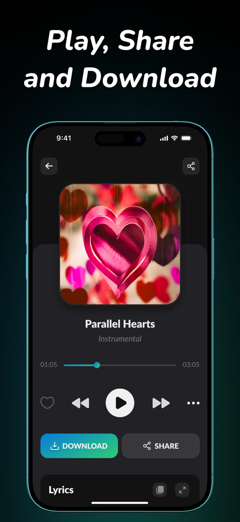 AI Song Maker app interface showing a music player for an instrumental track titled Parallel Hearts with download and share buttons