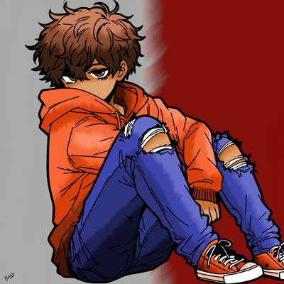 a male hoddie ripped jeans messy hair anime