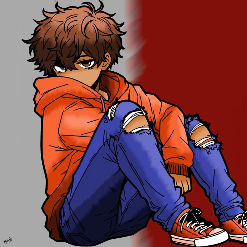a male hoddie ripped jeans messy hair anime