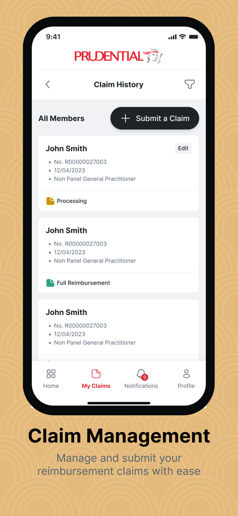 Uma interface móvel mostrando a tela de Histórico de Sinistros no aplicativo PRU E-Benefits com opções para enviar e rastrear sinistros de reembolso.