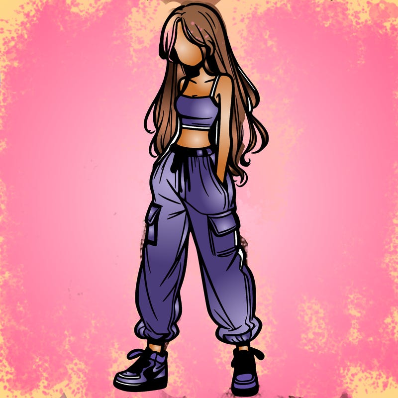 girl in baggy pants crop top and long hair