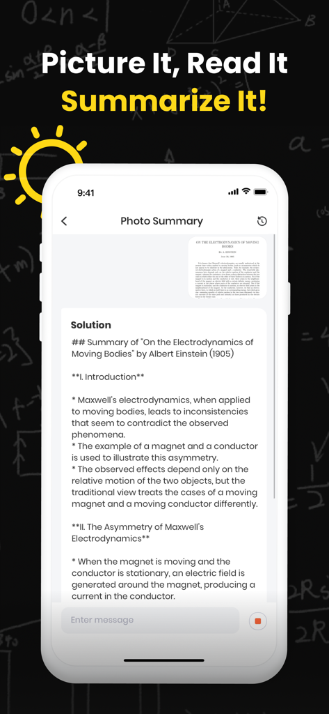 Uknow.AI: Homework&Math Solver - Screenshot of Uknow.AI app showing the Photo Summary feature providing an AI-generated summary of a physics paper.