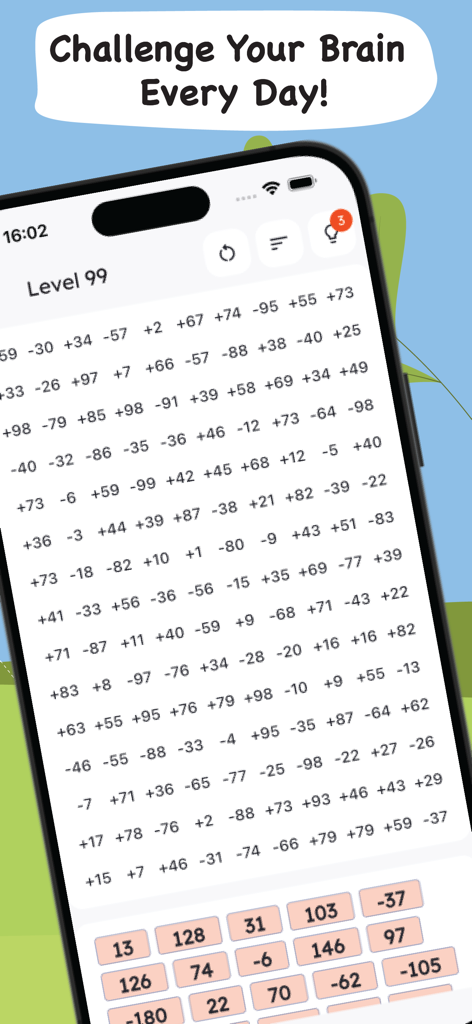 Cross Math: Math Puzzle Games - Un écran de smartphone montrant une grille complexe d'énigmes mathématiques au niveau 99 avec le texte 'défiez votre cerveau chaque jour'