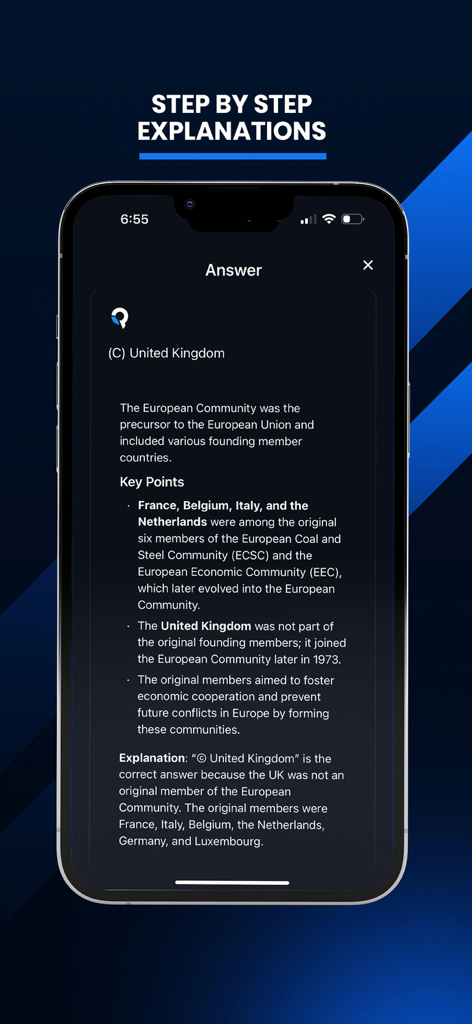 Mobile app interface of QuizMate showing a detailed step by step explanation and key points for a history question.