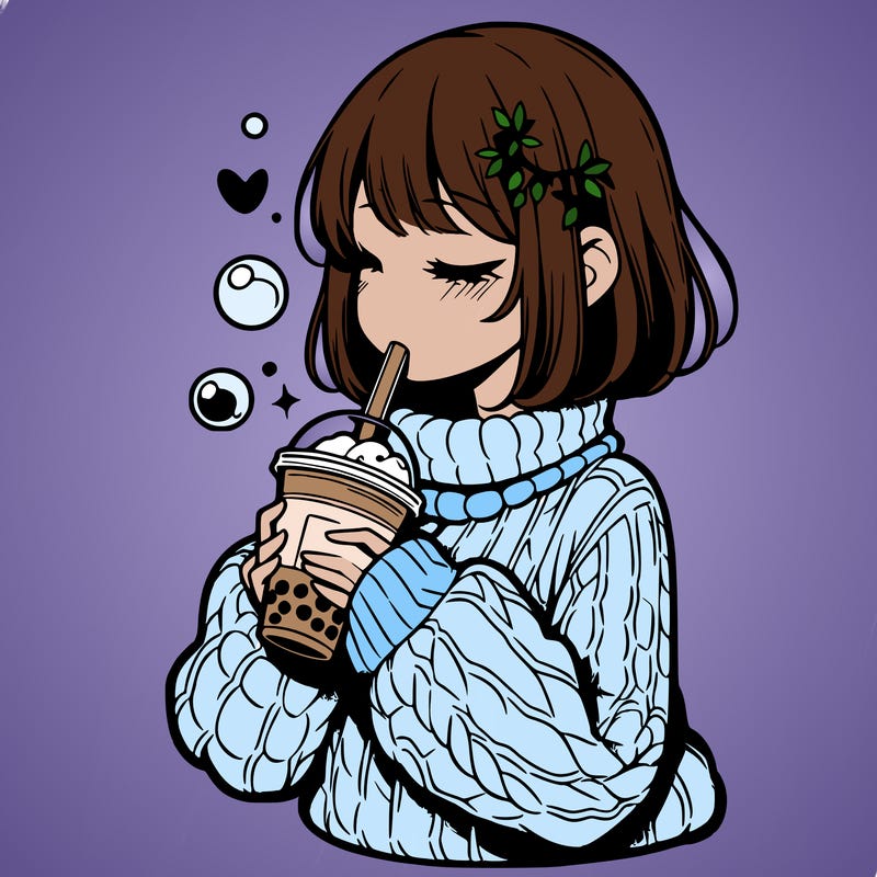 manga girl drinking boba in cozy sweater