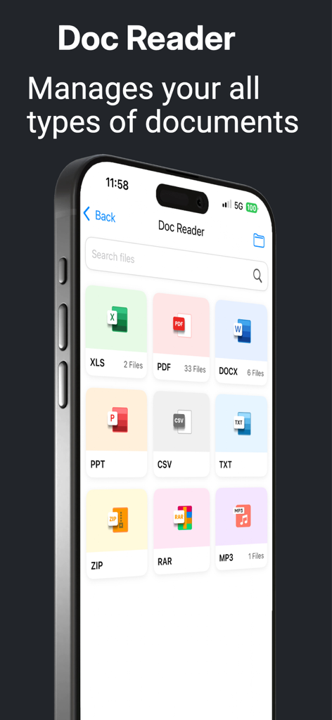 File Doctor - La pantalla Lector de Documentos de la aplicación File Doctor en un iPhone mostrando varias carpetas de tipos de archivo como PDF, XLS y DOCX