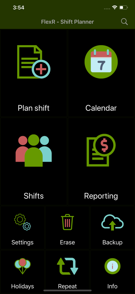 FlexR (Shift planner) - Haupt-Dashboard der FlexR Shift Planner App mit Symbolen für Planung, Schichten, Kalender und Berichterstellung