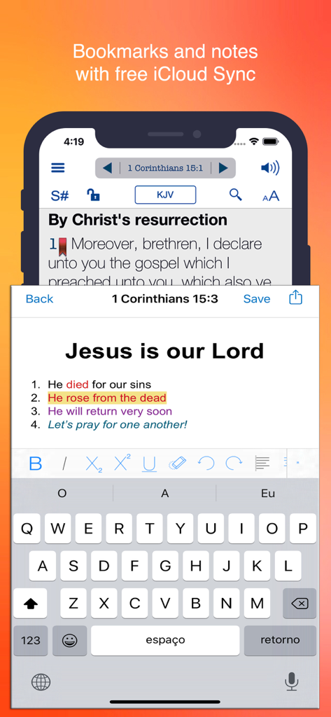 Screenshot of the Bible KJV app showing the note taking interface and iCloud sync feature