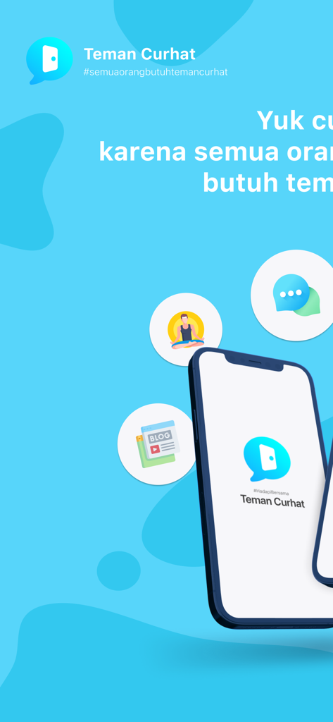 Teman Curhat app splash screen with mental health and chat icons