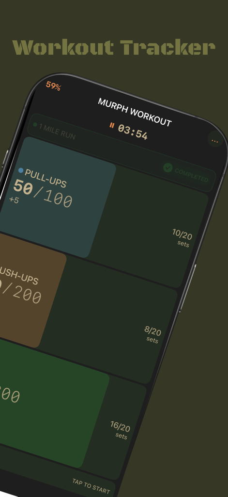 A mobile app interface tracking a Murph workout showing sets and reps for pull-ups push-ups and squats with a military-inspired design