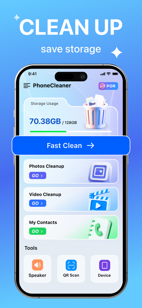 PhoneCleaner·AI ClearSpace - PhoneCleaner AI ClearSpace app interface showing storage usage with options for fast cleaning photos videos and contacts