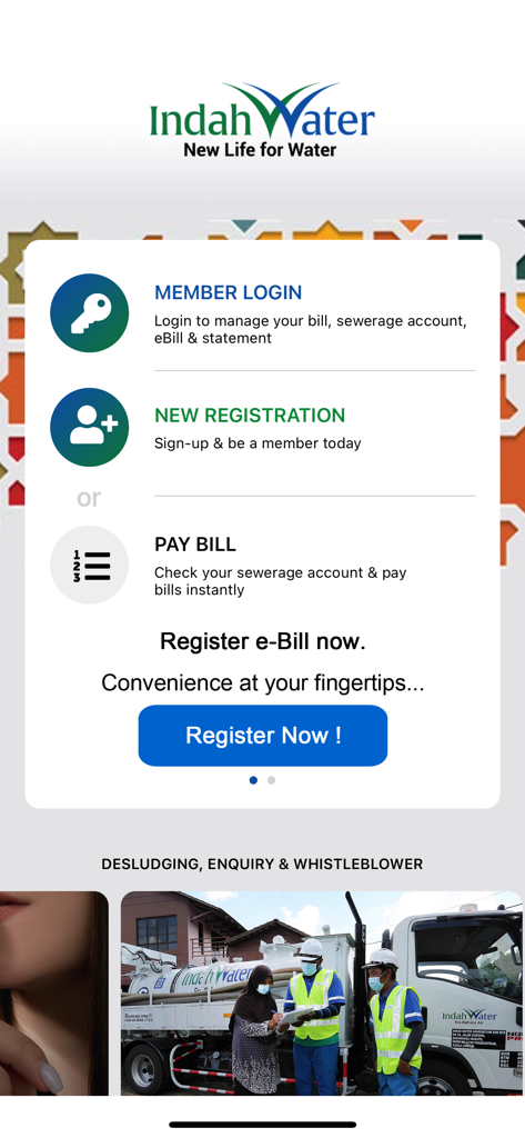 Indah Water - Indah Water app home screen featuring member login, new registration, and pay bill options