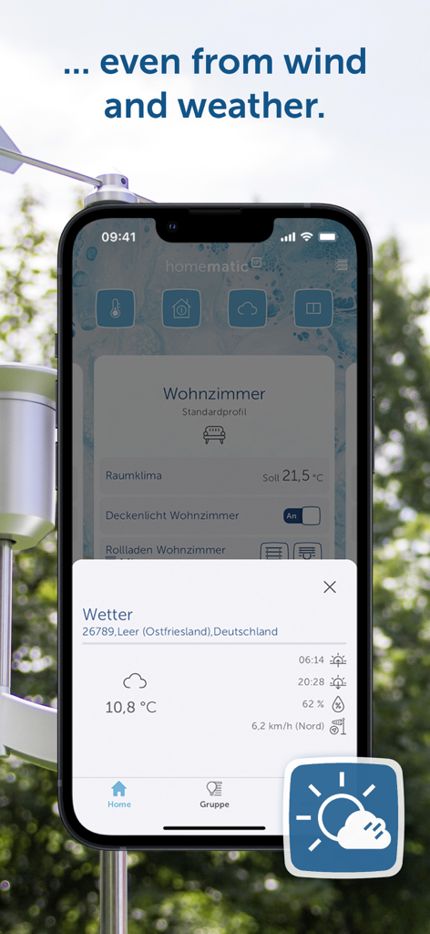 Interface do aplicativo Homematic IP mostrando dados meteorológicos locais em tempo real e configurações de temperatura ambiente em um smartphone
