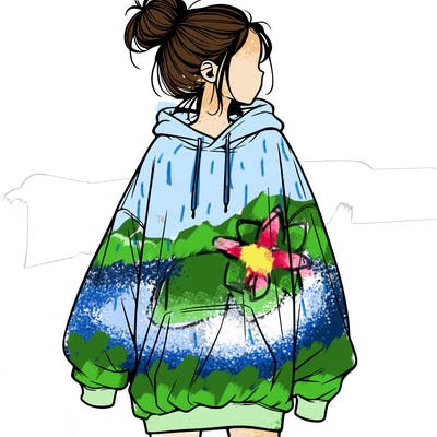 realistic girl with a oversized sweatshirt on and a bun