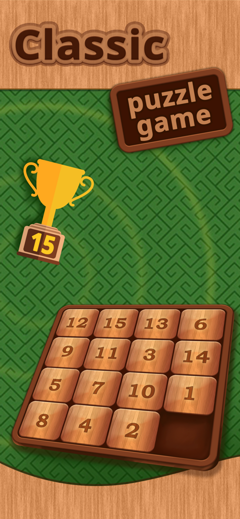 15 Puzzle Challenge. - Juego clásico de desafío de 15 puzzles con fichas deslizantes de madera y un trofeo dorado
