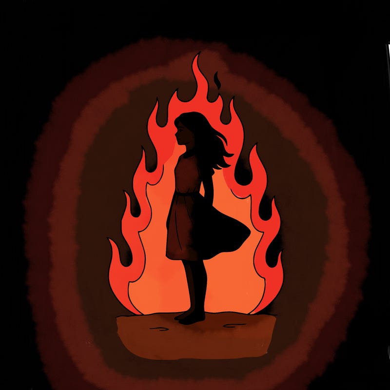 there is a fire but it's not so big but it's big but not too much and there is a girl standing in the middle