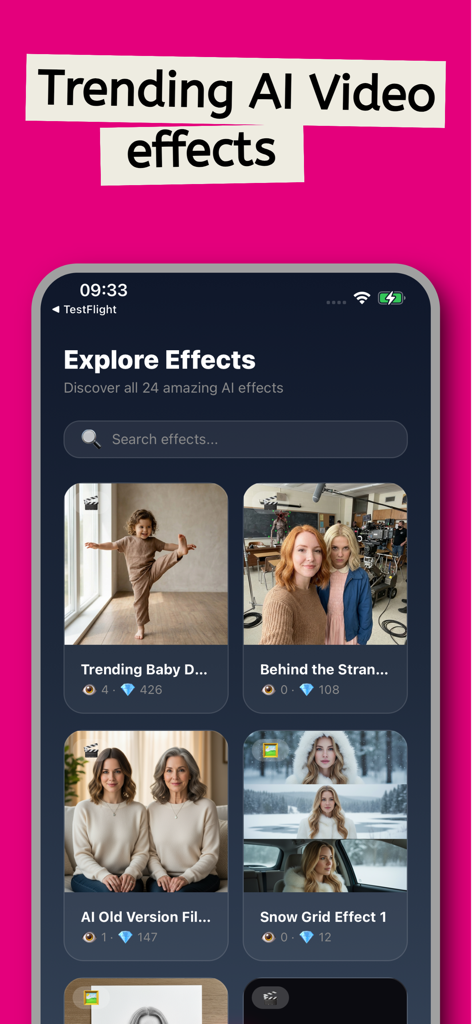 ViralMe AI - Galerie de l'application ViralMe AI montrant des effets vidéo et filtres IA tendance