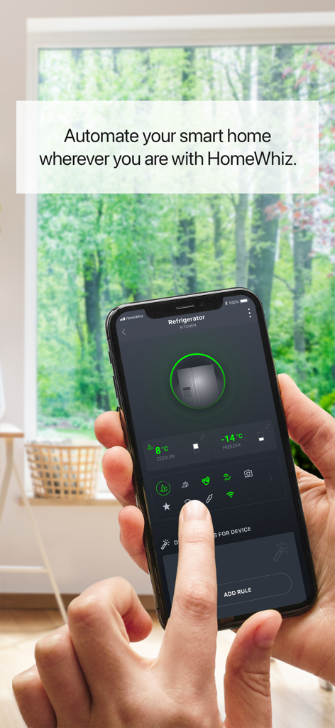 A user controlling a smart refrigerator through the HomeWhiz mobile application