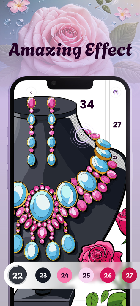 Una pantalla móvil que muestra un diseño de joyería para pintar por número con un fondo de rosa y el texto 'amazing effect'.