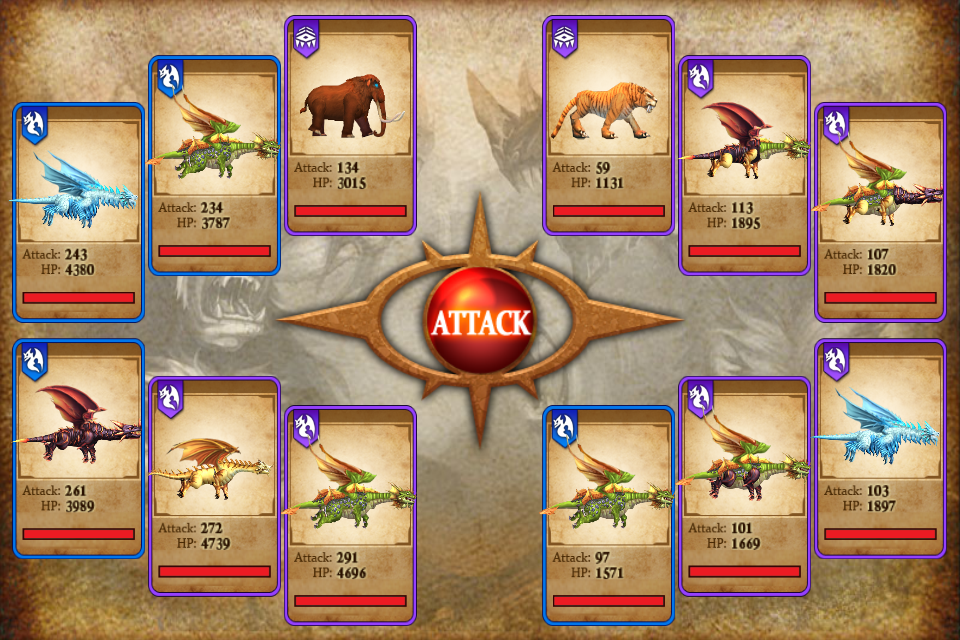 Tela do jogo Fort Conquer exibindo vários cartões de criaturas evoluídas com estatísticas de ataque e HP em torno de um botão de ataque central