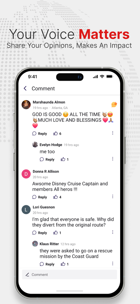 Local News -Breaking & Latest - A mobile app interface showing a community comment section where users share their opinions on local news.