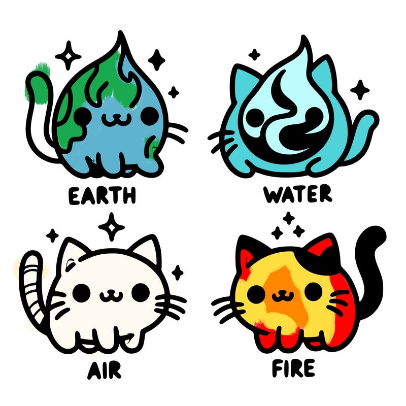 4 cats that represent the different elements, earth, water, air, and fire