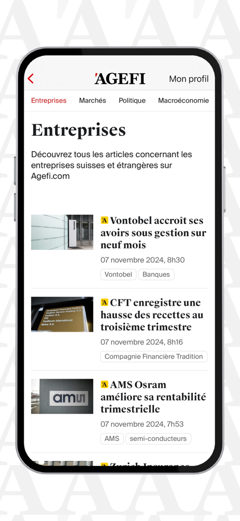 Interface de l'application mobile AGEFI Suisse affichant une liste d'articles d'actualité financière dans la section affaires