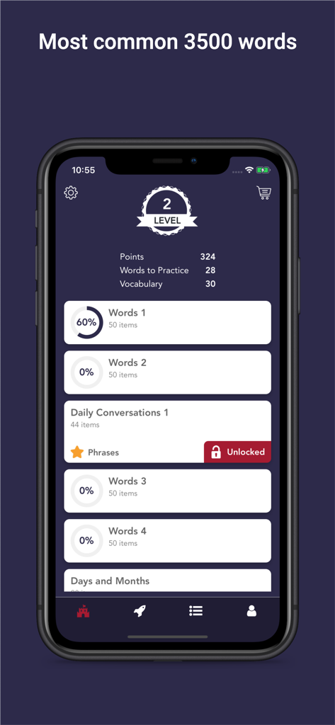 Tobo: Learn Thai Vocabulary - Tobo Thai language learning app progress dashboard showing level 2 stats and vocabulary lists
