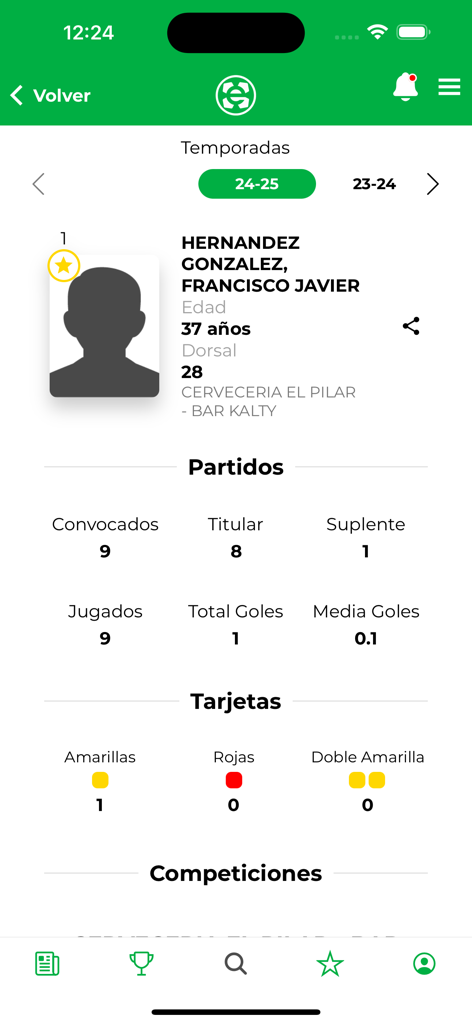 Pantalla de la aplicación FEXFUTBOL que muestra el perfil de un jugador de fútbol con estadísticas detalladas de partidos y tarjetas