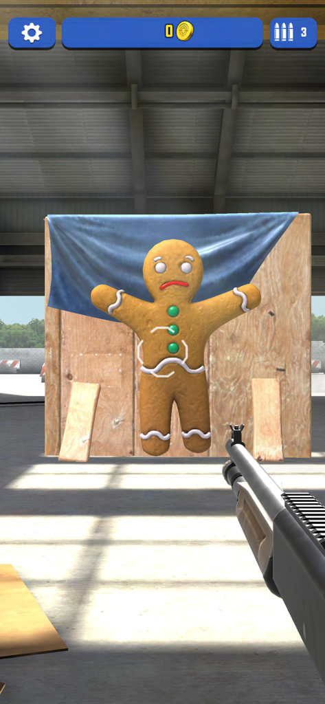 Guns Master - Guns Master射撃ギャラリーゲームで、巨大なジンジャーブレッドマンのターゲットを狙うショットガンの一人称視点。