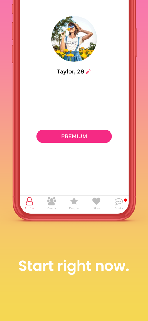 Pantalla de perfil de usuario de la aplicación móvil Workchat que muestra la foto de perfil de Taylor 28 con un botón de membresía premium
