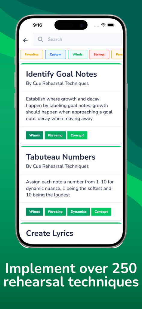 A mobile interface of the Cue app displaying various music rehearsal techniques such as Identify Goal Notes and Tabuteau Numbers.