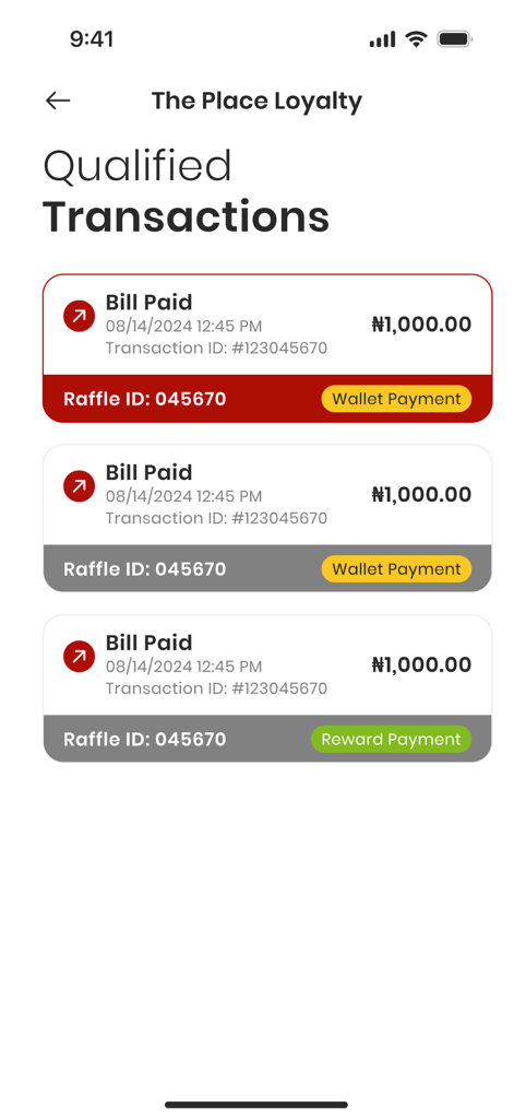 The Place Loyalty - A screen displaying qualified transaction history and raffle IDs in The Place Loyalty app.