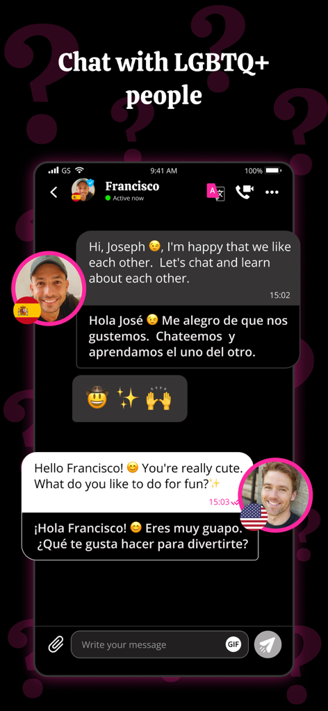 Wonder: Global Dating for Gays - Chat interface on Wonder app featuring instant message translation between users from different countries.