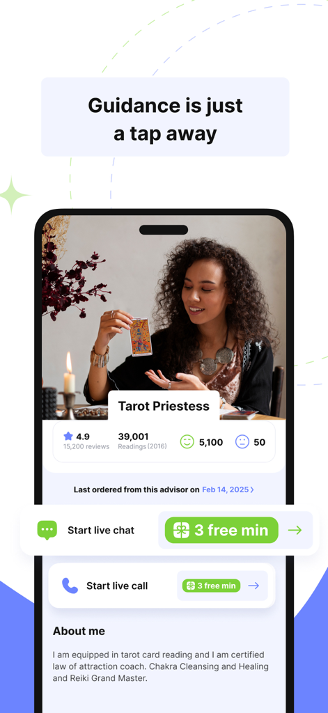 Kasamba app screen showing a tarot reader profile and a 3 free minutes chat offer