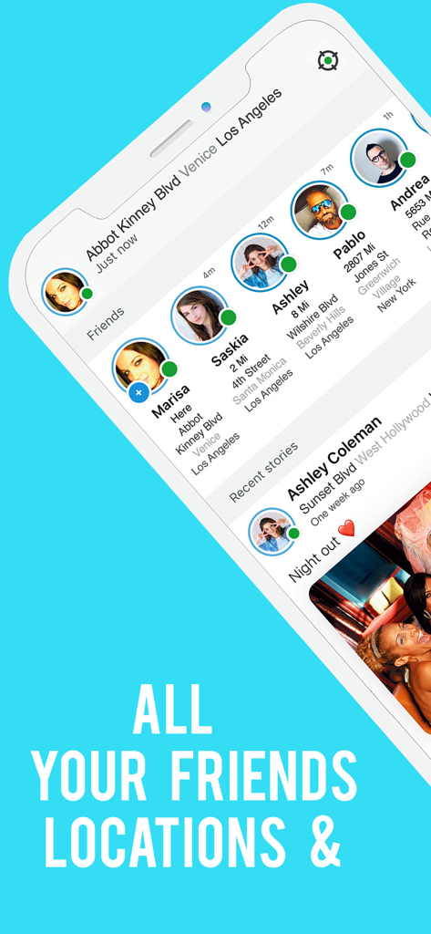 Sensory app screen showing real time friend locations and stories