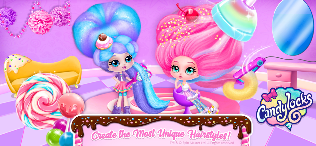 Dos muñecas Candylocks siendo peinadas en un salón de belleza con temática de dulces de colores.